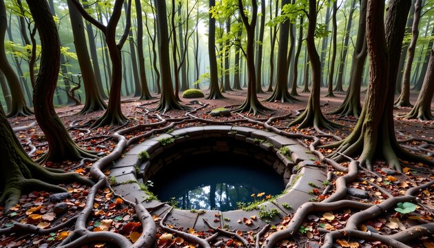 The image depicts a dense forest with tall, slender trees whose roots spread across the forest floor, intertwining and creating a textured ground