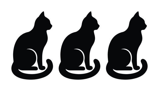 Black cat silhouette vector set, three sitting feline icons in profile, minimalist animal shapes for pet logos and graphic design elements