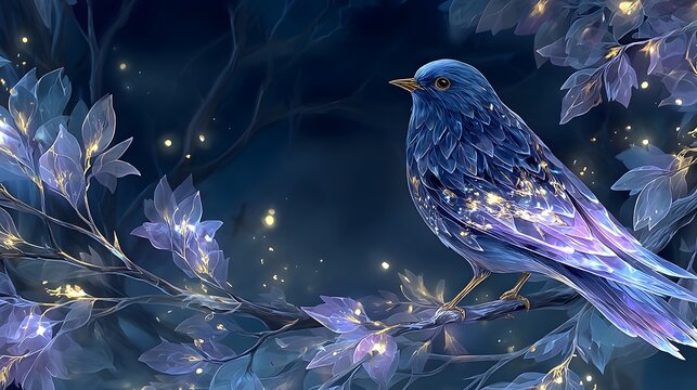 青い鳥と光に包まれた花の幻想的イラスト