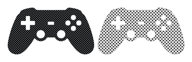 Retro video game controller icons, black halftone gamepad silhouettes, vintage gaming console joypad vectors for esports and streaming © Asma