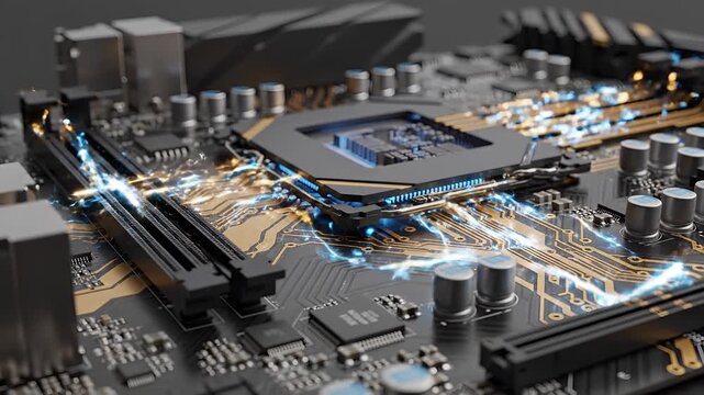 Closeup of a highperformance computer motherboard with glowing circuits and CPU.