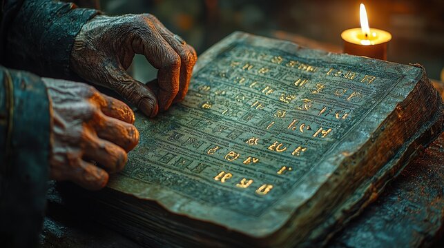 Ancient hands reading mysterious manuscript by candlelight, old book with cryptic symbols, historical enigma, learning, wisdom