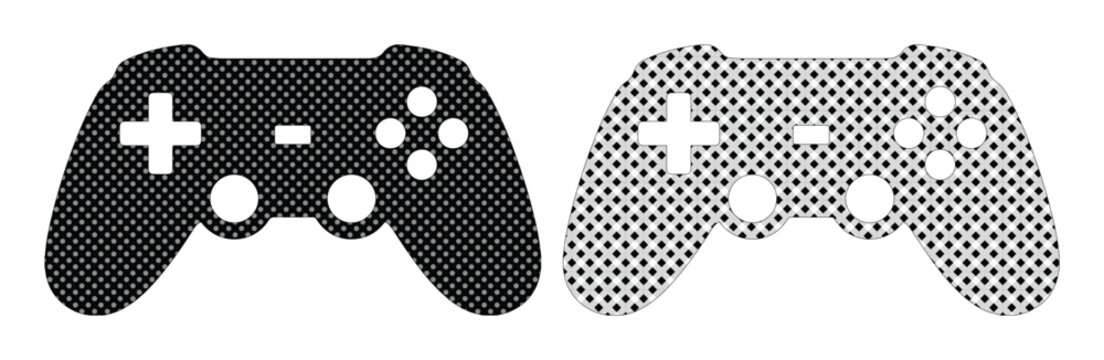 Retro video game controller icons, black halftone gamepad silhouettes, vintage gaming console joypad vectors for esports and streaming