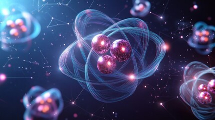 Fototapeta premium glowing atomic nuclei with orbiting energy trails in a vibrant futuristic molecular network, evoking curiosity and cosmic wonder