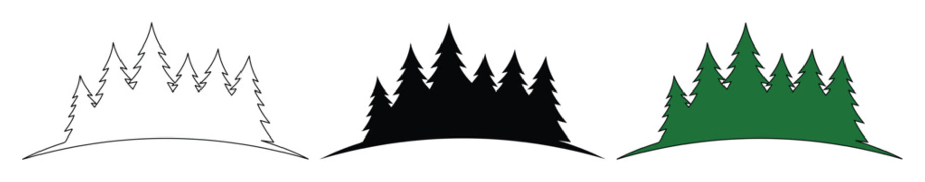 Minimalist pine forest silhouette icons, evergreen tree line vector set, green and black conifer woodland landscape symbols for outdoor branding