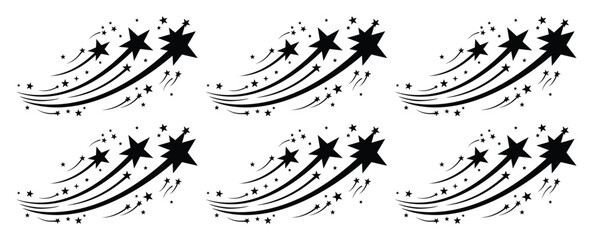 Black shooting star vector icons set, hand drawn celestial star trails with sparkles, decorative cosmic meteor shower graphics for design © Asma