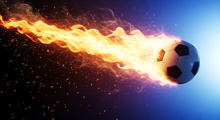 Fototapeta premium A fiery soccer ball blazing through space, creating a dynamic and intense mood with vibrant flames and a dark cosmic background, symbolizing energy and passion in sports.