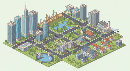 Isometric view of a modern city with skyscrapers and residential areas. © Selo