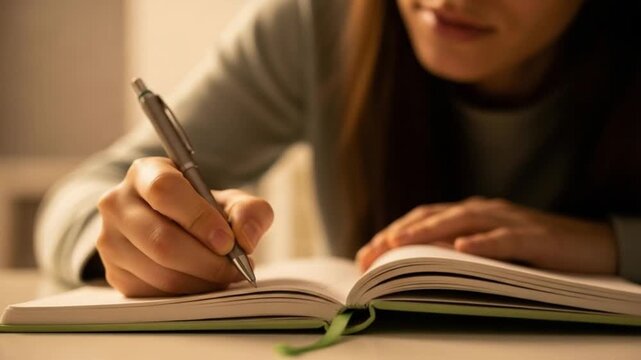 Woman writing in a green notebook with a pen on a table indoors