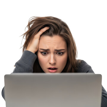 Woman looking stressed while using a laptop isolated on transparent background