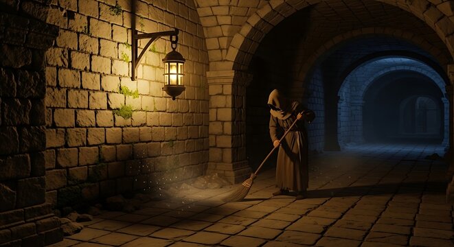 A cloaked figure sweeps a stone corridor lit by a lamp, creating dust. Arched pathways lead deeper into shadows