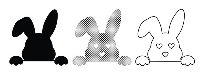 Cute bunny peeking silhouette set, Easter rabbit head with heart eyes vector, black and white animal outline icons for greeting cards © Asma