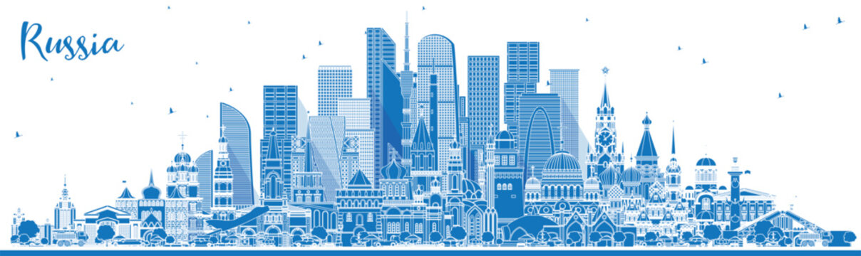 Outline Russia City Skyline with Blue Buildings. Illustration. Tourism Concept with Historic Architecture. Russia Cityscape with Landmarks. Moscow. Saint Petersburg. Yekaterinburg.