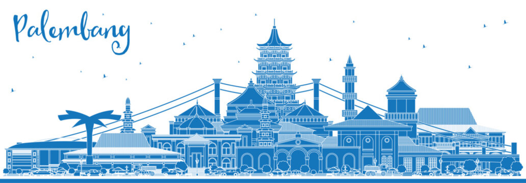 Outline Palembang Indonesia City Skyline with Blue Buildings. Illustration. Business Travel and Tourism Concept with Historic Architecture. Palembang Cityscape with Landmarks.