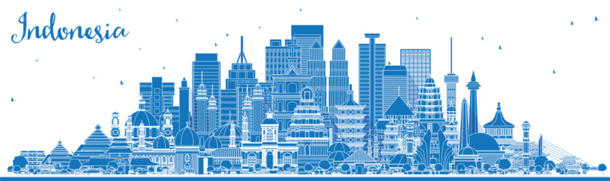 Outline Indonesia Cities Skyline with Blue Buildings. Illustration. Tourism Concept with Historic Architecture. Indonesia Cityscape with Landmarks. Jakarta. Surabaya. Bekasi.