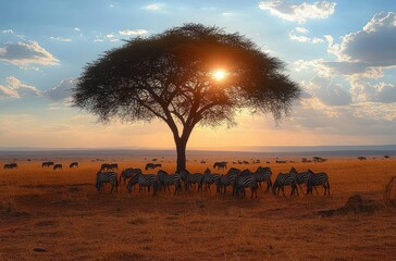 Obraz premium zebra herd grazing beneath a lone acacia tree with sunburst at golden sunset, distant wildebeest on vast savanna, tranquil and majestic atmosphere
