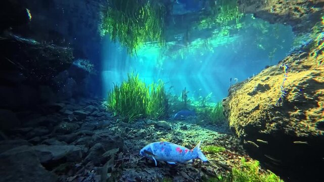 湧水が流れる南阿蘇村の明神池　水中