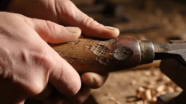 Closeup of hands carving wood with a chisel tool.