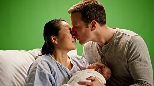 Happy Couple with Newborn after Labor and Delivery on Green Screen