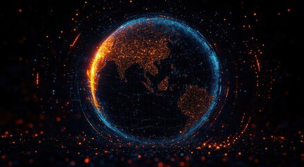 Obraz premium glowing digital globe with interconnected nodes, particles, grid and city light patterns in blue and orange, futuristic, dynamic and awe-inspiring