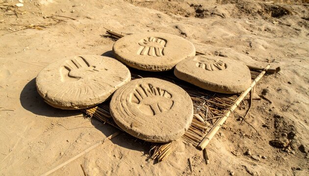 Ancient clay tablets with distinct finger impressions and ancient writing, unearthed artifacts from historical civilizations.