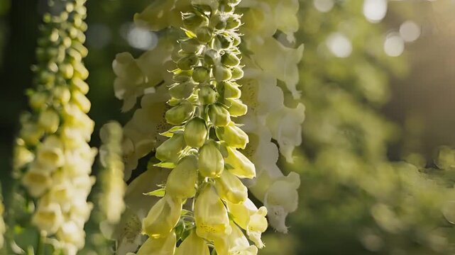 Closeup of Yellow Foxglove Flowers Blooming in a Garden.