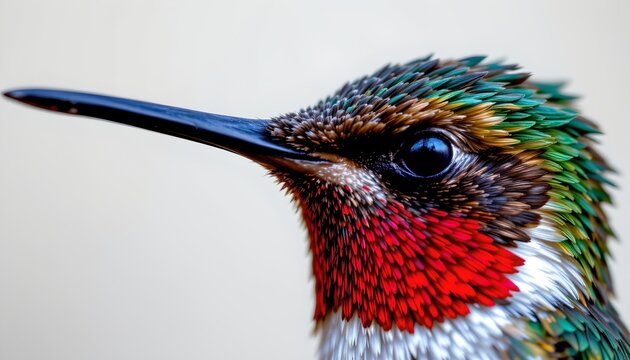 A close up image of a vibrantly colored bird, highlighting its detailed feathers and sharp beak. The bird's head is turned slightly to the side, showcasing its large, dark eye