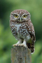 Obraz premium Small spotted owl perched on a weathered wooden post with intense yellow eyes and an alert, watchful expression against a soft green background