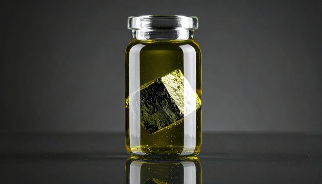 A Shiny Sodium Metal Cube Preserved Under Mineral Oil in a Thick Glass Jar for Scientific Study