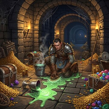A man cleans a glowing green substance on a stone floor in a dimly lit dungeon, surrounded by treasures