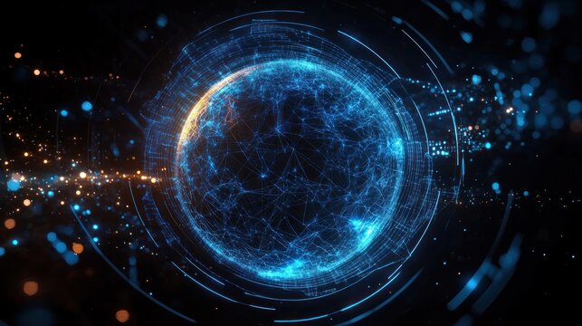 glowing digital network sphere with interconnected nodes, light trails and particles conveying futuristic connectivity and energetic motion