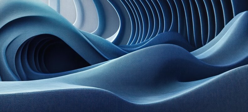 serene blue undulating fabric-like waves and ribbed arches forming a calming abstract tunnel interior