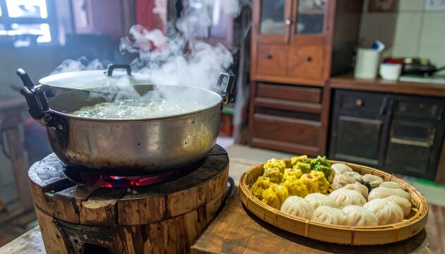 Bubbling pot of congee cooking alongside a selection of steaming dim sum in a traditional kitchen setting