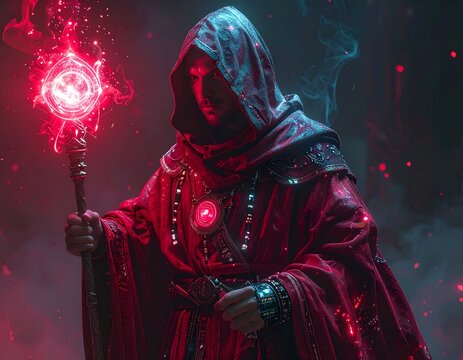 A mysterious dark sorcerer wearing a crimson hood holding a glowing magic orb staff amidst swirling fog