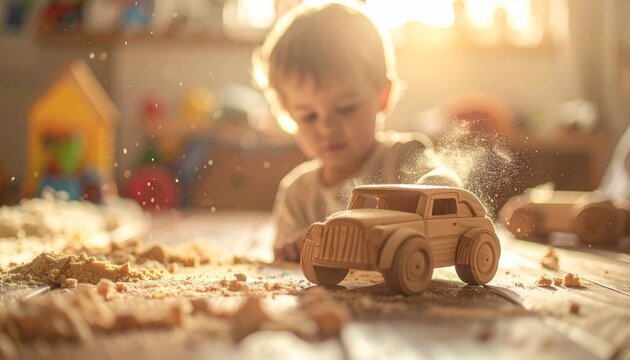 Child's Hands Gently Sanding a Small Wooden Toy Car, Creating Fine Wood Dust in Warm Sunlight