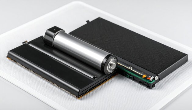 Close-up view of disassembled lithium ion battery components including anode, cathode, and separator