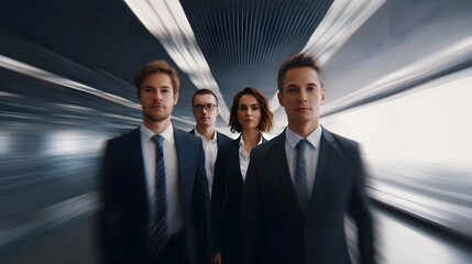 Fototapeta premium A professional team of diverse colleagues standing confidently within a sleek modern corporate hallway symbolizing shared success and strategic