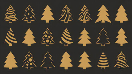 Obraz premium Collection of stylized golden Christmas trees on a dark background vector graphic