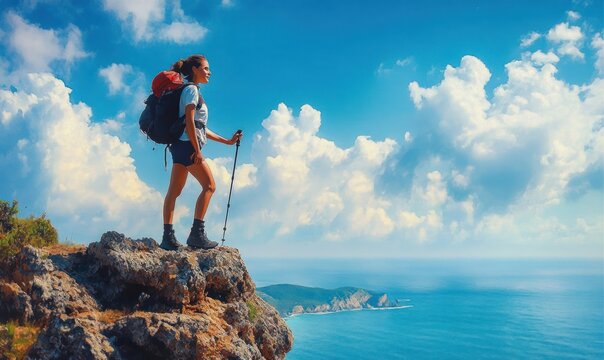 woman hiker standing on rocky cliff with backpack and trekking pole overlooking blue sea and distant coastline under dramatic cloudy sky, feeling awe and triumph