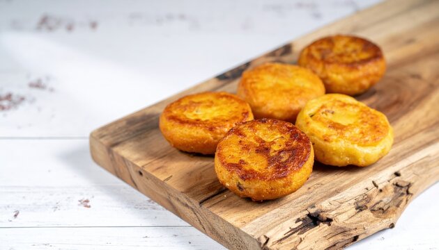Golden Brown Pan-Fried Turnip Cakes, Lo Bak Go, Served on a Wooden Board with Crispy Edges and Soft Interiors