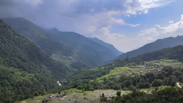 Aerial Shot of Terraced Fields in Mountain Valley Arunachal Pradesh India