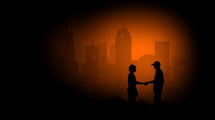 Fototapeta premium Two people silhouetted against a bright orange sunset with city skyline couple
