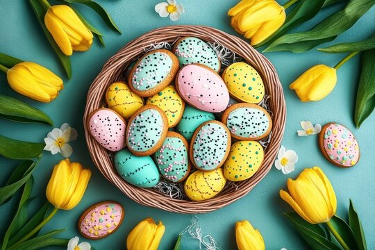 Basket of pastel egg-shaped iced cookies with sprinkles, surrounded by yellow tulips and white blossoms on a teal background, cheerful spring celebration