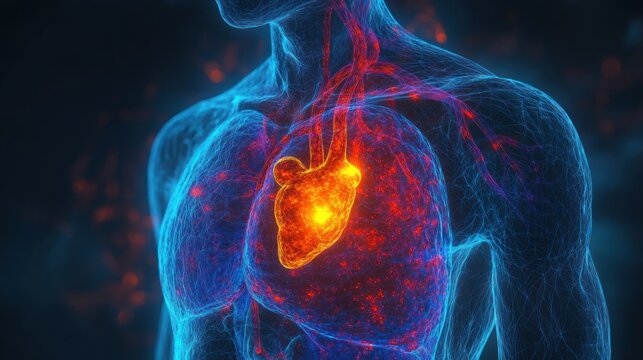 translucent blue torso with glowing orange heart, red vascular network and lungs conveying intense vitality and pulsing life energy