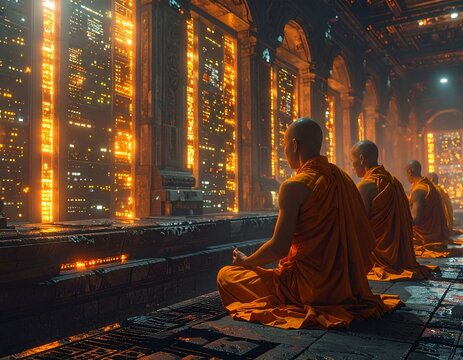 Surreal 3D render of Buddhist monks meditating inside a futuristic glass temple overlooking glowing city