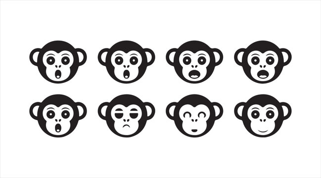 Cute monkey face icons set with different expressions in cartoon silhouette style