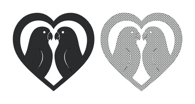 Minimalist lovebird heart logo vector, romantic parrot couple silhouette icons, black and white bird wedding graphics for invitations and branding