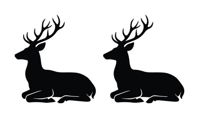 Stag deer silhouette vector, black reindeer buck lying down, wild animal forest elk icons, minimalist nature hunting graphics for logos © Asma