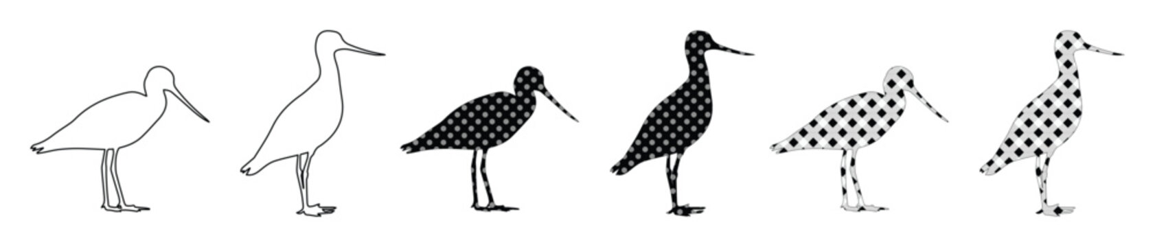 Minimalist sandpiper bird vector icons, black and white shorebird silhouettes, 6 wading bird illustrations in outline and solid styles