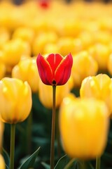 Fototapeta premium single red tulip with yellow edges standing tall among blurred yellow tulips conveying contrast, solitude and quiet beauty